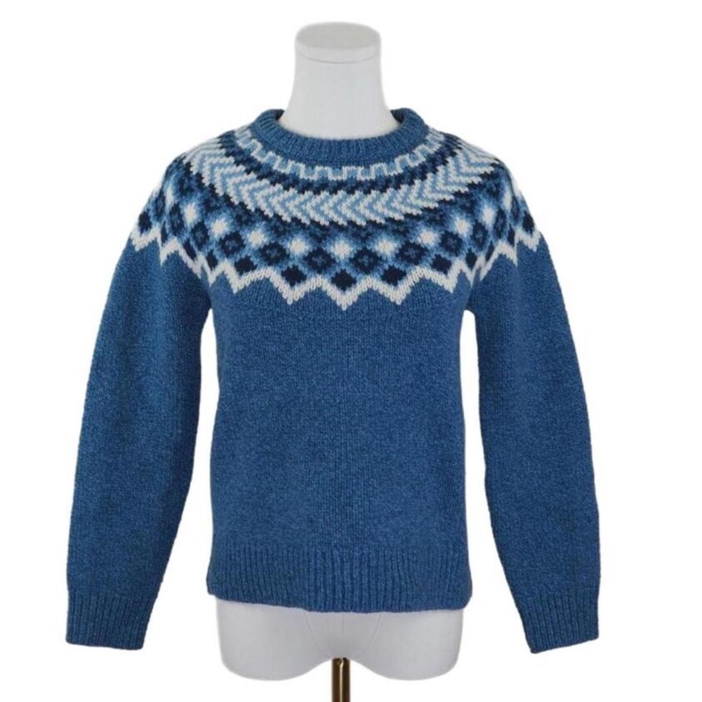 L.L. Bean Fair Isle Sweater Women’s XS Petite Blue 100% Lambswool Nordic Knit
